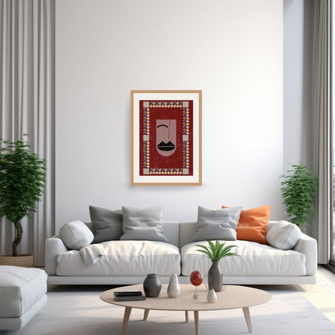 Vertical framed Monochromatic Abstract Wall Art print featuring a minimalist African Mask Motif surrounded by a geometric, textured black and maroon red pattern. Ideal Modern, Tribal, or Eclectic Decor accent.