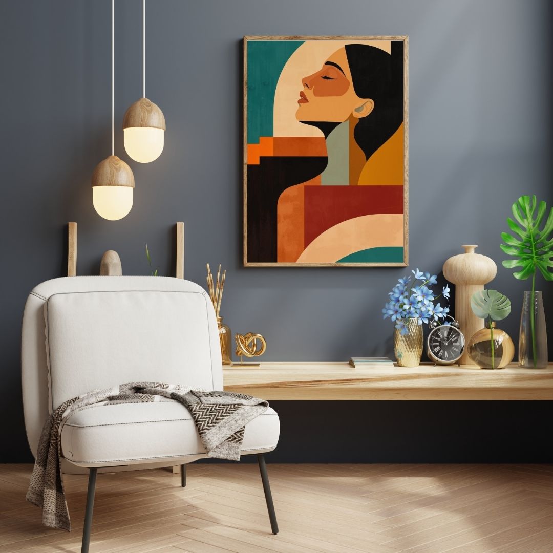 Vertical framed Modern Cubist-Inspired Portrait Art canvas featuring a woman's profile in Geometric Color Blocks of Terracotta, Yellow, Black, and Teal. Ideal Contemporary, Mid-Century Modern, or Bohemian Decor.
