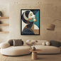 Modern Cubist Portrait framed canvas featuring a woman's profile in Geometric Shapes and a rich color palette of Dark Blue, Teal, and Beige, conveying Introspection. Ideal Contemporary or Mid-Century Modern Living Room Decor.