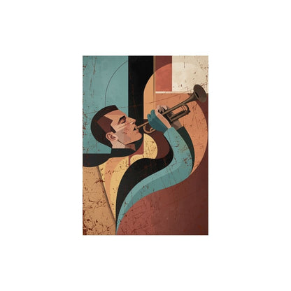 Vertical Cubist and Art Deco Fusion Portrait of a Trumpet Player in stylized geometric shapes and a distressed, sophisticated color palette of Teal, Red-Orange, and Yellow. Ideal Jazz-Inspired, Retro, or Contemporary Decor.