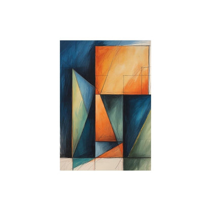 Vertical Geometric Abstract Art Composition blending Cubist and Art Deco styles, featuring overlapping triangles and squares in bold Navy Blue, Teal, and Orange tones with sketchy texture. Ideal Modern, Contemporary, or Living Room Decor.