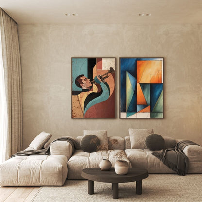 Fusion Diptych Wall Art Set (2 framed prints) blending Cubism and Art Deco Styles, featuring a geometric portrait of a Trumpet Player and a bold Geometric Abstract Composition in Teal, Red-Orange, and Gold tones. Ideal Modern, Eclectic, or Jazz-Inspired Living Room Decor.