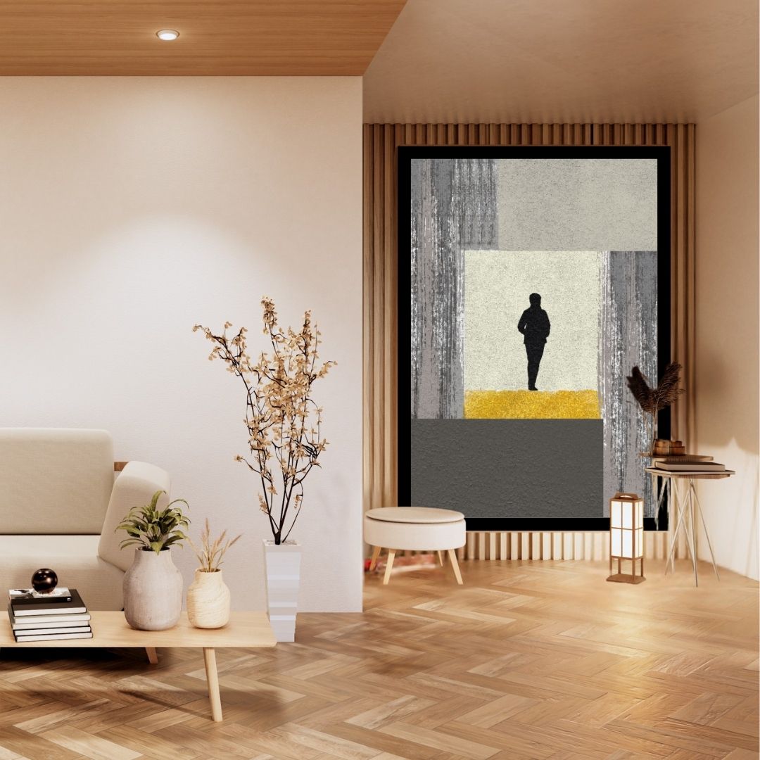 Large vertical framed Abstract Geometric Composition Canvas featuring a Black Silhouetted Figure set against color blocks of Gray, Beige, and Striking Gold Metallic Paint. Ideal Modern, Luxury, or Contemporary Living Room Statement Art.
