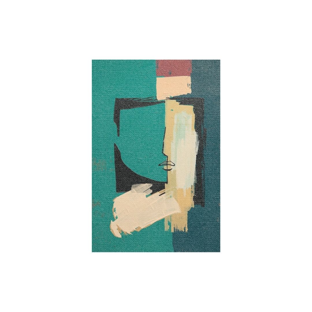 Two Faces of Solitude, an abstract stylized, cubist-inspired design. Wall art canvas frame by wall and more