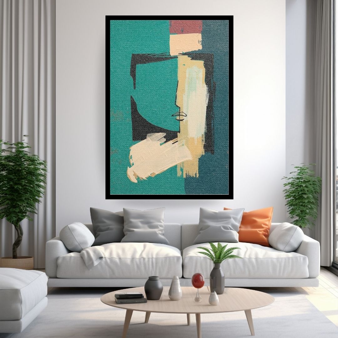 Two Faces of Solitude, an abstract stylized, cubist-inspired design. Wall art canvas frame by wall and more