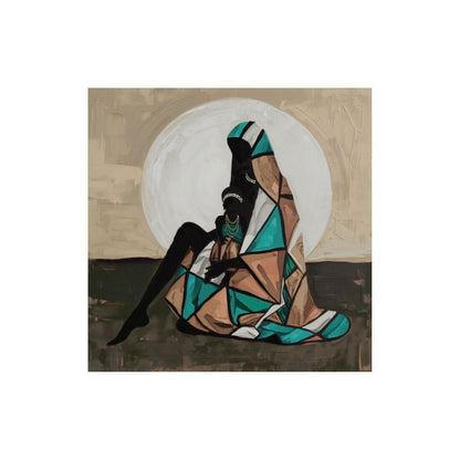 Abstract artwork of a figure with geometric patterns and a full moon in the background