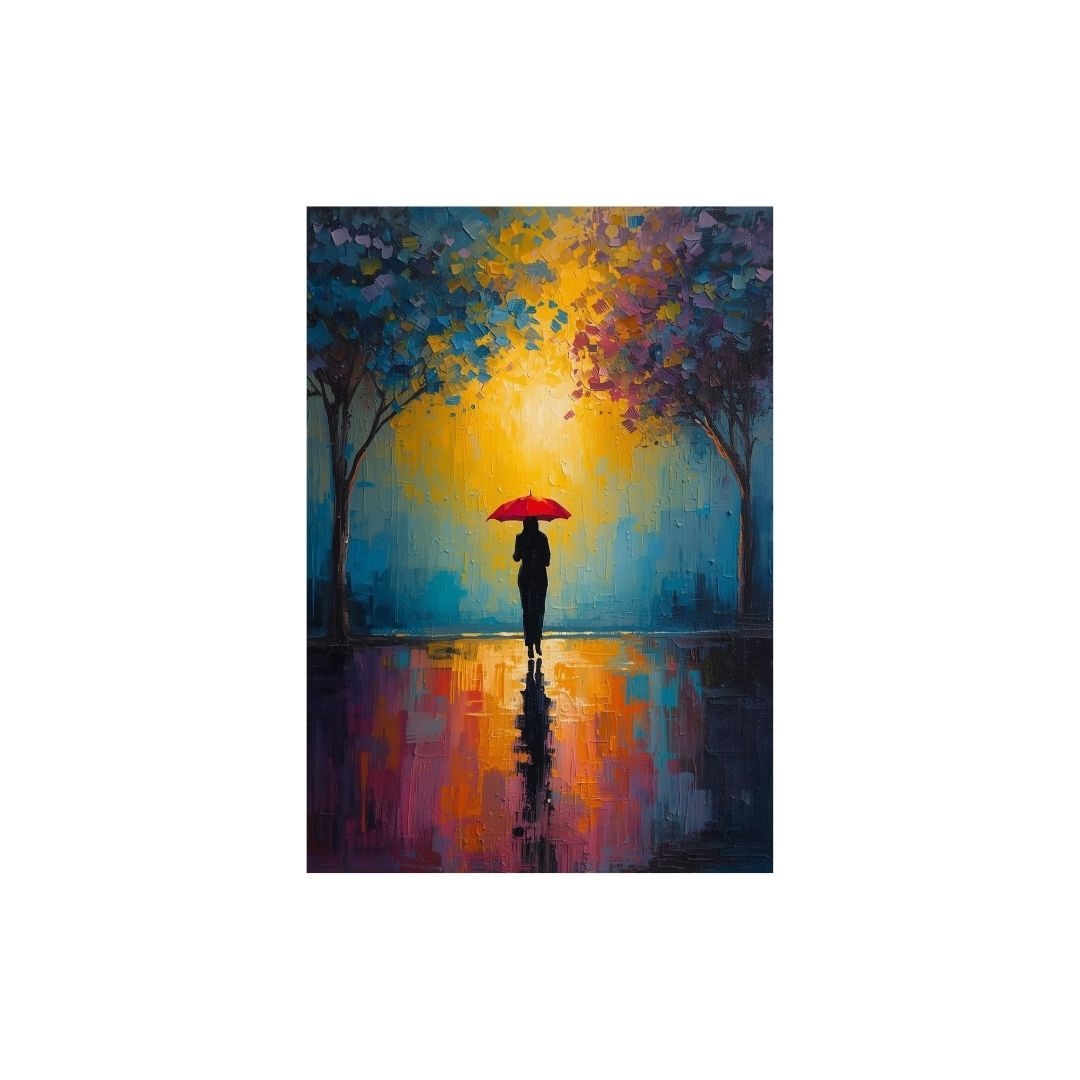 Vertical Expressionistic Impasto-like Art of a solitary figure with a Red Umbrella reflected in a rainy street, under a dramatic Yellow and Orange Sunburst between blue/purple trees. Ideal Statement Piece, Contemporary Figurative, or Transitional Decor.