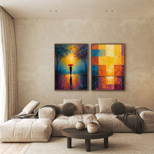 Expressionistic Diptych Wall Art Set (2 framed canvas prints) featuring a vivid painting of a solitary figure with a Red Umbrella in a reflective rain scene, paired with a vibrant Square Color-Block Abstract in Yellow, Orange, Blue, and Purple. Ideal Statement Piece, Contemporary, or Transitional Living Room Decor.
