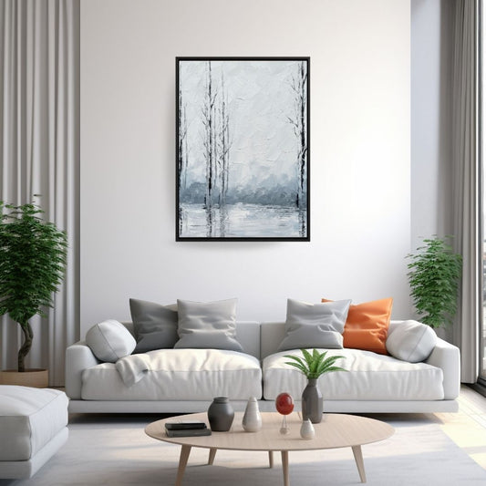 Ashen Silence — A minimalist monochromatic leafless trees in a cold environment. Wall art canvas frame by wall and more