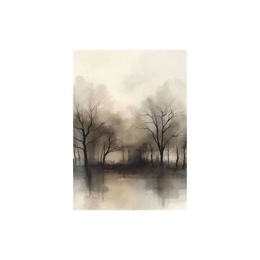 Misty Shores — A minimalist monochromatic dense forest on the lake. Wall art frame by wall and more