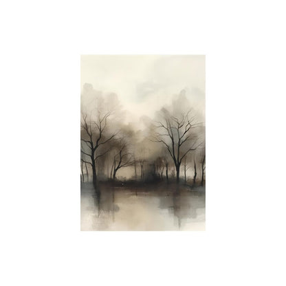 Misty Shores — A minimalist monochromatic dense forest on the lake. Wall art frame by wall and more