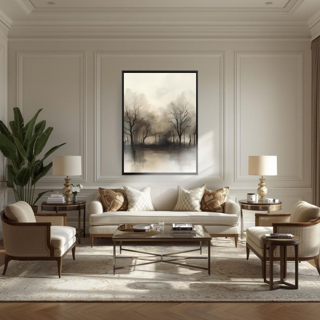 Large vertical framed Tonalism Monochromatic Landscape print titled "The Silent Edge," depicting a dense line of trees reflected on a lake in Muted Sepia, Brown, and Beige tones. Ideal Classic, Traditional, or Transitional Living Room Decor.