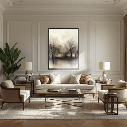 Large vertical framed Tonalism Monochromatic Landscape print titled "The Silent Edge," depicting a dense line of trees reflected on a lake in Muted Sepia, Brown, and Beige tones. Ideal Classic, Traditional, or Transitional Living Room Decor.