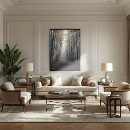 The Long Path Home — A realism moody atmosphere, depicting a forest road. Wall art frame by wall and more