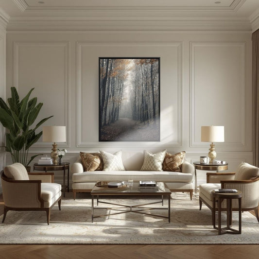 The Long Path Home — A realism moody atmosphere, depicting a forest road. Wall art frame by wall and more