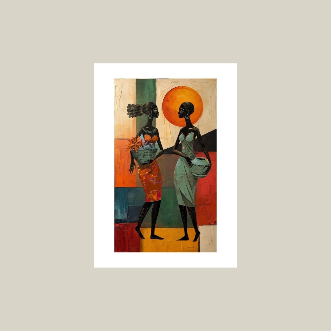 Artistic depiction of two figures against a colorful abstract background