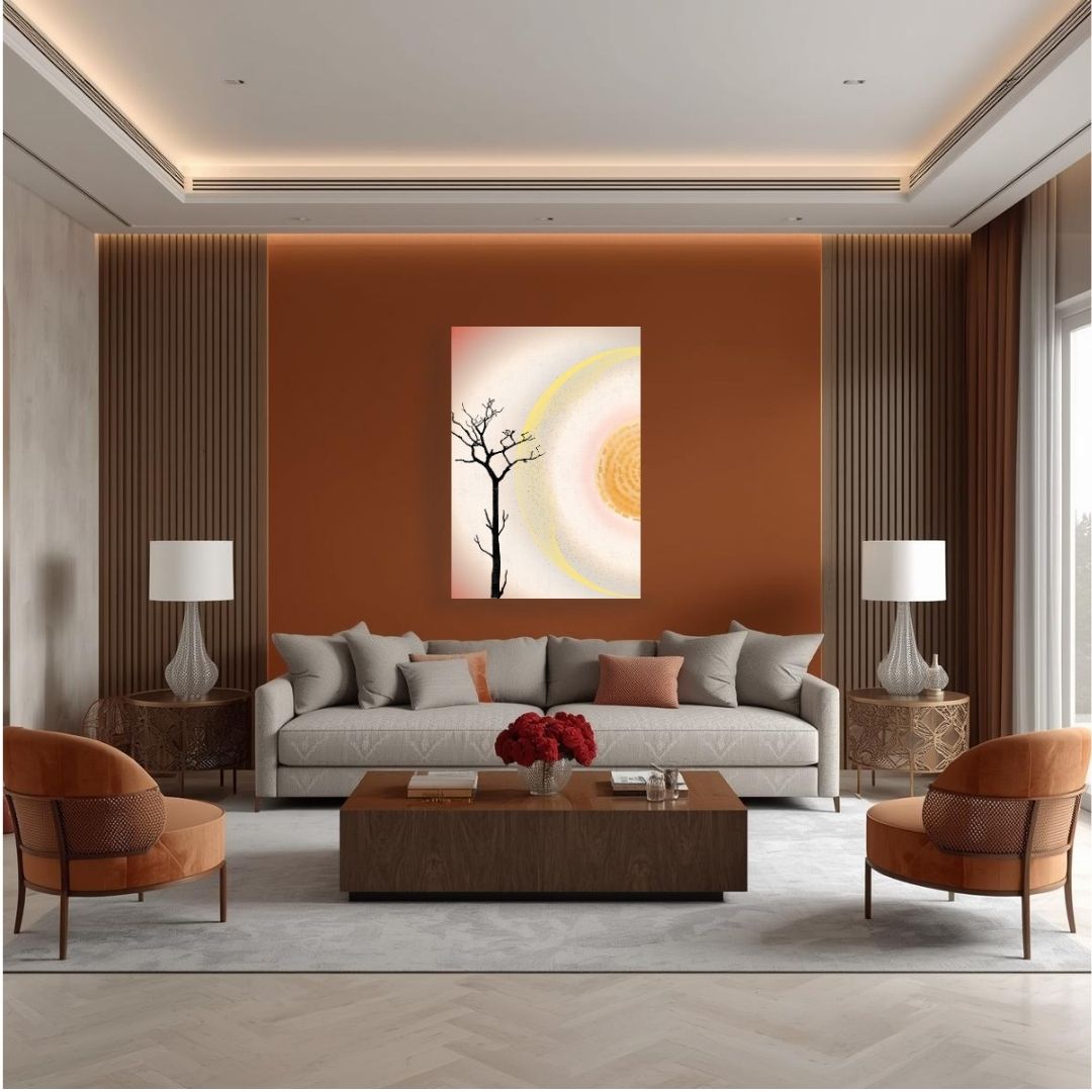 Large vertical unframed Minimalist Abstract Landscape print titled "Standing Alone," featuring a Solitary Leafless Tree Silhouette against a glowing abstract Sun/Circle with concentric rings of Yellow and Orange. Ideal Statement Piece, Minimalist Landscape, or Contemporary Living Room Decor.