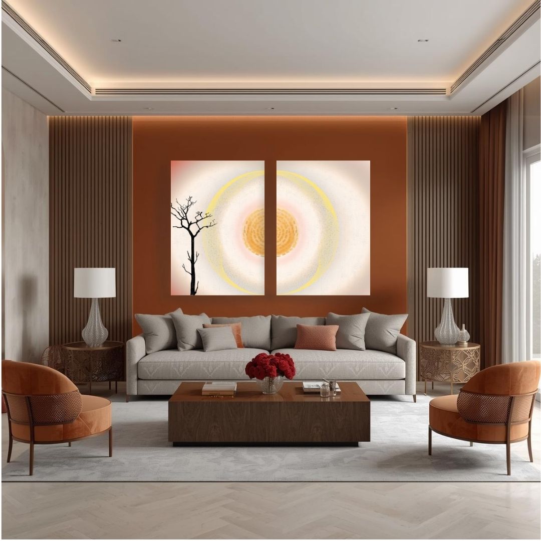 Minimalist Abstract Diptych Wall Art Set (2 canvas prints) titled "Standing Alone," featuring a black silhouette of a Solitary Leafless Tree set against a massive, glowing abstract Sun/Circle with concentric rings of Yellow and Orange. Ideal Statement Piece, Minimalist Landscape, or Contemporary Living Room Decor.