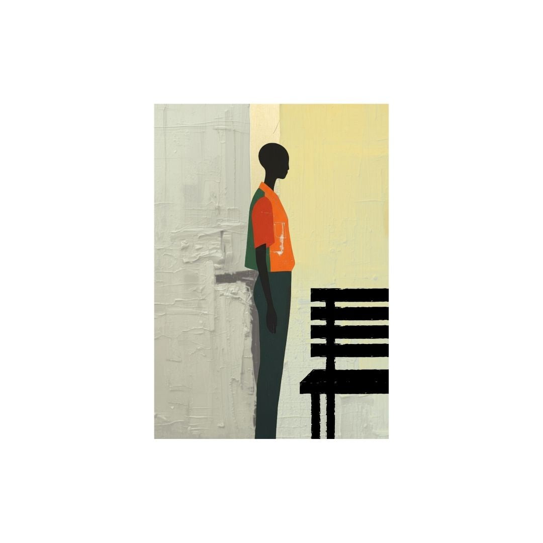 Abstract artwork of a figure in an orange shirt and green pants standing next to a bench.