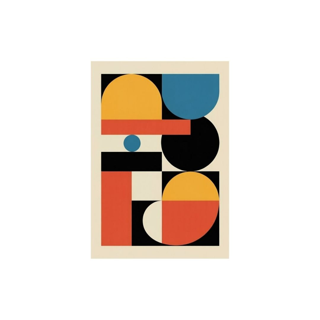 Geometric abstract design with colorful shapes on a beige background