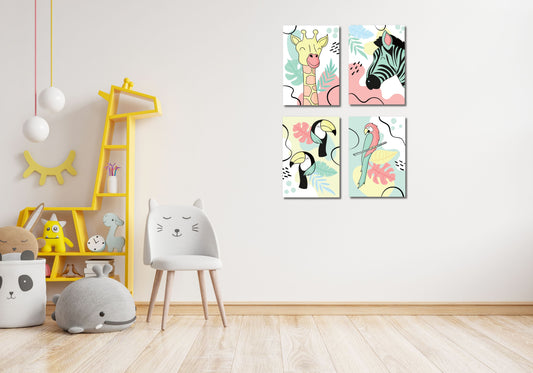 Joyful colored birds and animals, wall art, by wall and more