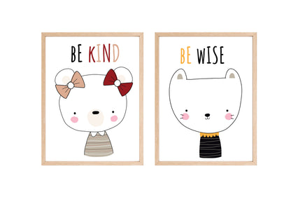 Motivational Nursery Diptych Wall Art Set (2 framed prints): cartoon cat faces with the quotes "Be Kind" and "Be Wise". Ideal Kids Room Decor or Baby Room.