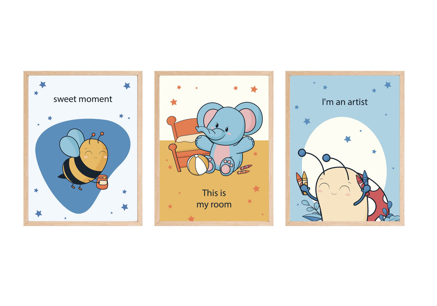Cute Nursery Triptych Wall Art Set (3 framed prints): cartoon bee, elephant, and bug with motivational quotes. Ideal Baby Room Decor or Kids' Playroom art.
