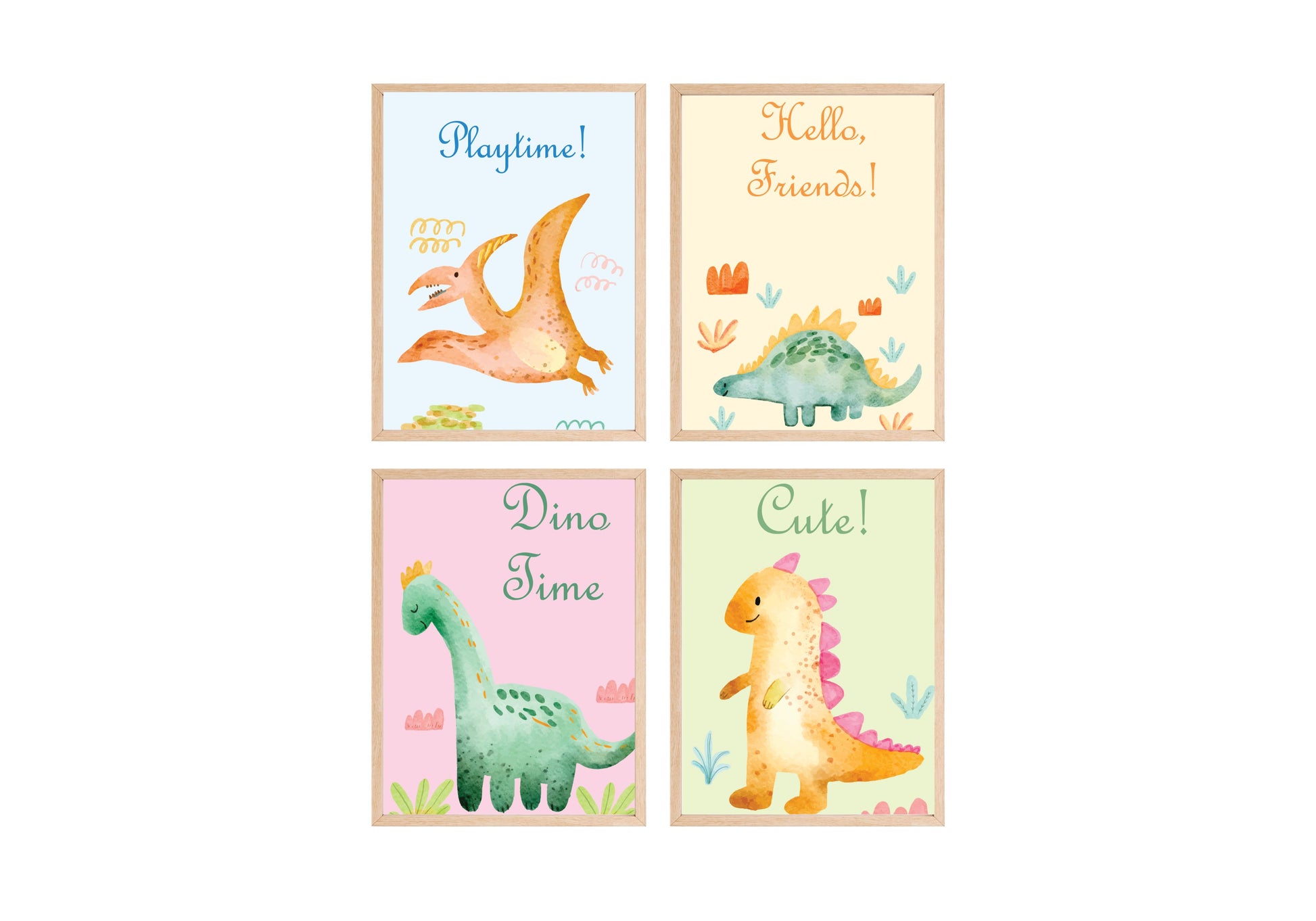 Watercolor Dinosaur Quadtych Wall Art Set (4 prints) with cute cartoon dinos and motivational phrases. Perfect Kids Room Decor or Nursery.