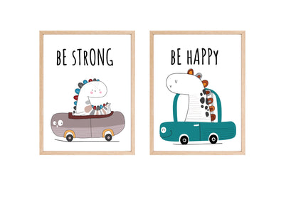 Motivational Nursery Diptych Wall Art Set (2 framed prints): cartoon dinosaurs driving cars with the quotes "Be Strong" and "Be Happy". Ideal Kids Room Decor.