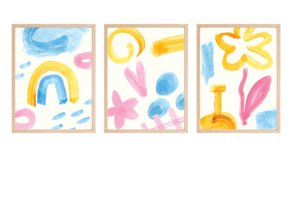 Abstract Watercolor-like Triptych Wall Art Set (3 framed prints) in bright pink, yellow, and blue brushstrokes effects (rainbow, flowers, shapes). Ideal Kids Room Decor or Nursery.