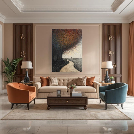 Large vertical Expressionist Scribble Art Canvas titled "Destiny," depicting a solitary figure on a winding, illuminated Life Path beneath a massive, tangled canopy of black, red, yellow, and blue lines. Ideal Statement Piece, Contemporary, or Inspirational Living Room Decor.