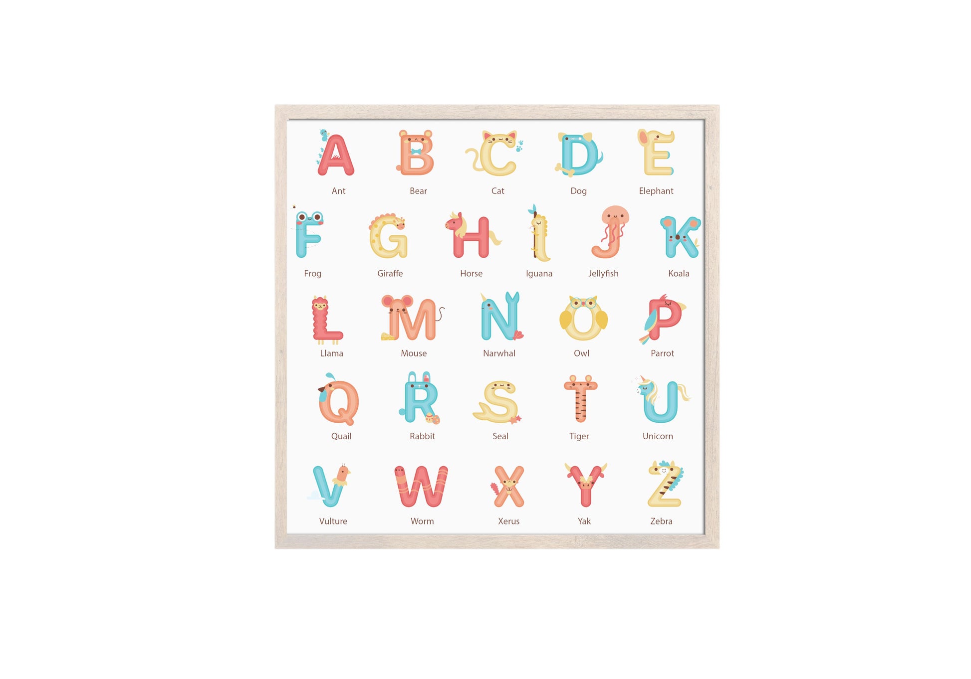 Large framed Educational Alphabet Wall Art print with cartoon animals illustrating each letter. Perfect Kids Room Decor or Nursery learning chart.