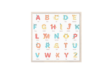 Large framed Educational Alphabet Wall Art print with cartoon animals illustrating each letter. Perfect Kids Room Decor or Nursery learning chart.