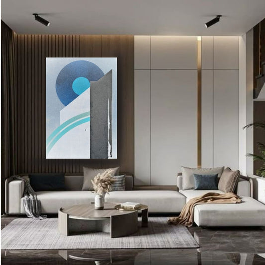 Large vertical unframed Abstract Geometric Composition Canvas titled "The Nexus of Form," featuring sharp, angular forms and circles in a cool palette of Blue, White, and Textured-like Gray. Ideal Contemporary, Industrial, or Minimalist Statement Art.