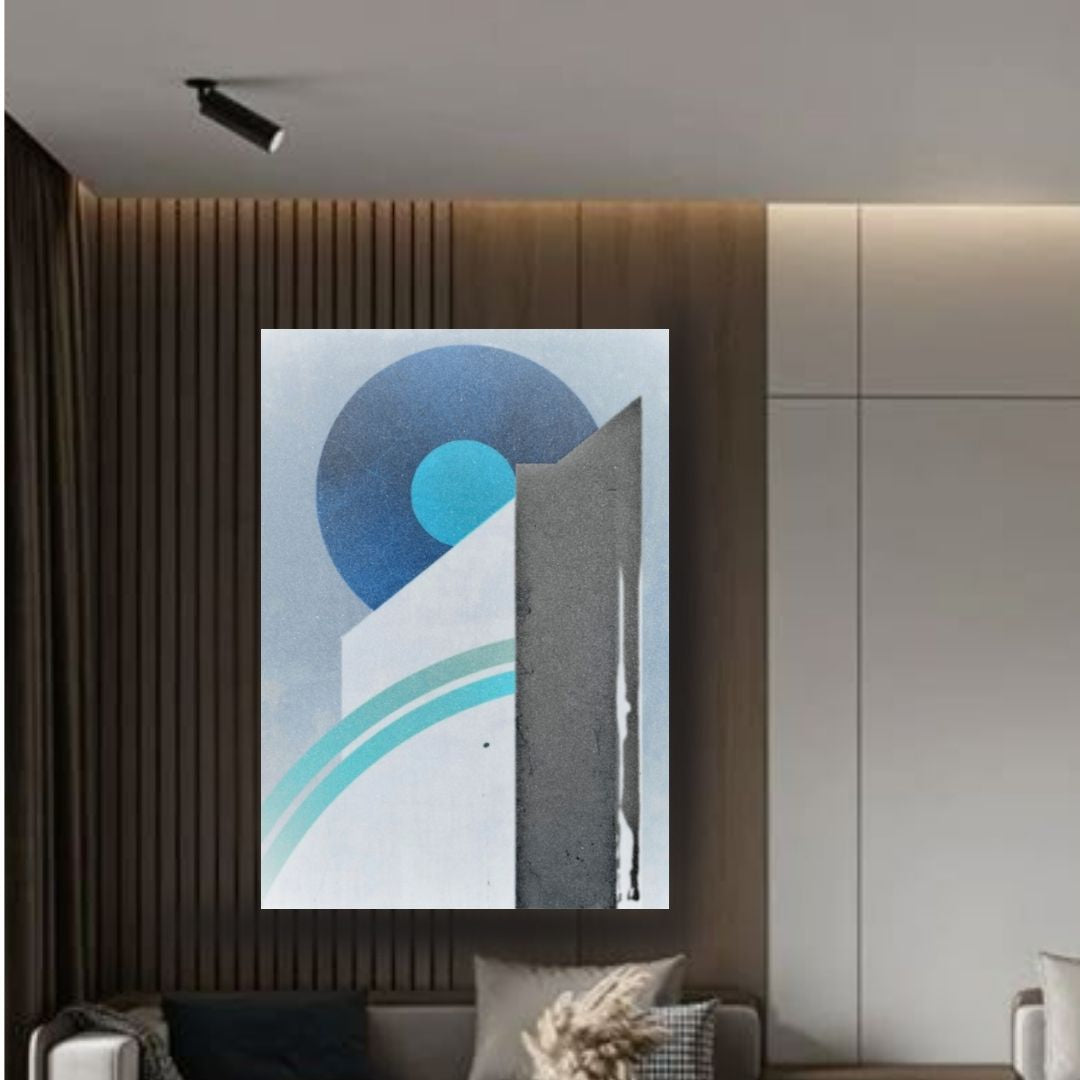 Close Up of Large vertical unframed Abstract Geometric Composition Canvas titled "The Nexus of Form," featuring sharp, angular forms and circles in a cool palette of Blue, White, and Textured-like Gray. Ideal Contemporary, Industrial, or Minimalist Statement Art.