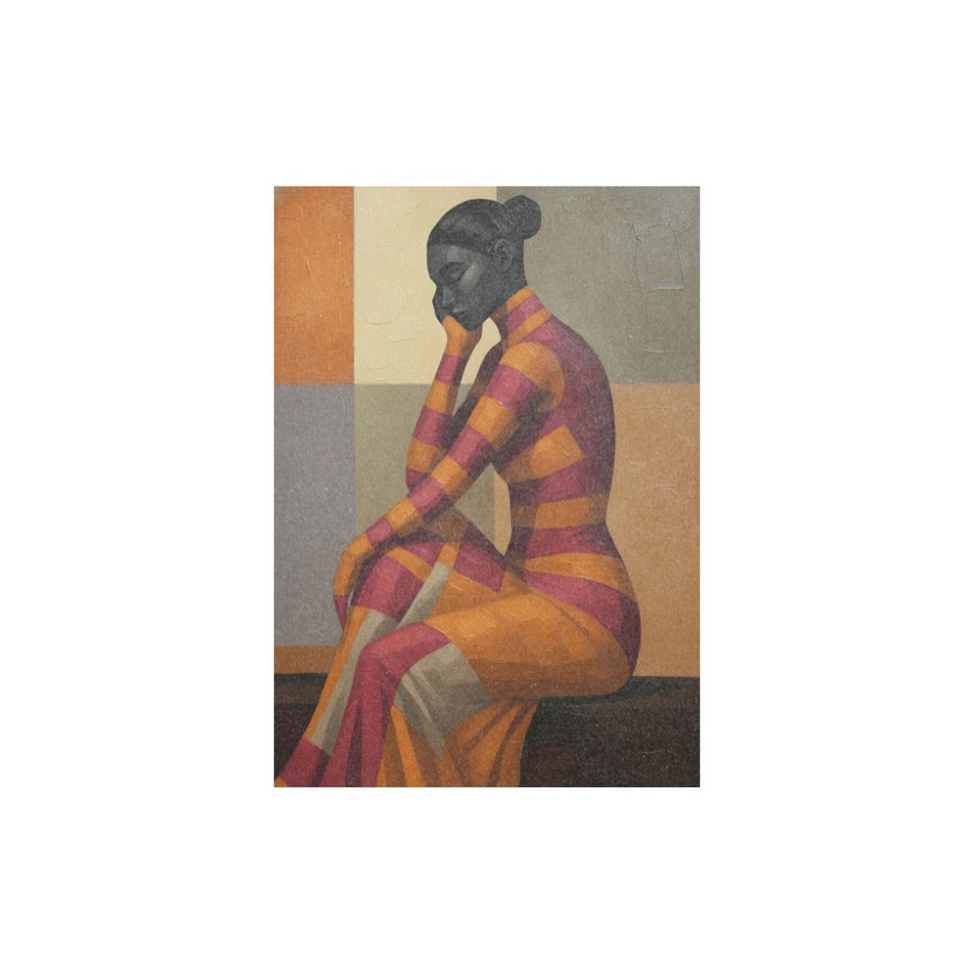 Large vertical Contemporary Figurative Abstract Art titled "Mood," depicting a woman seated in a striped dress of Orange, Yellow, and Red against a geometric color block background. Ideal Statement Piece, Afro-Modern, or Contemplative Living Room Decor.