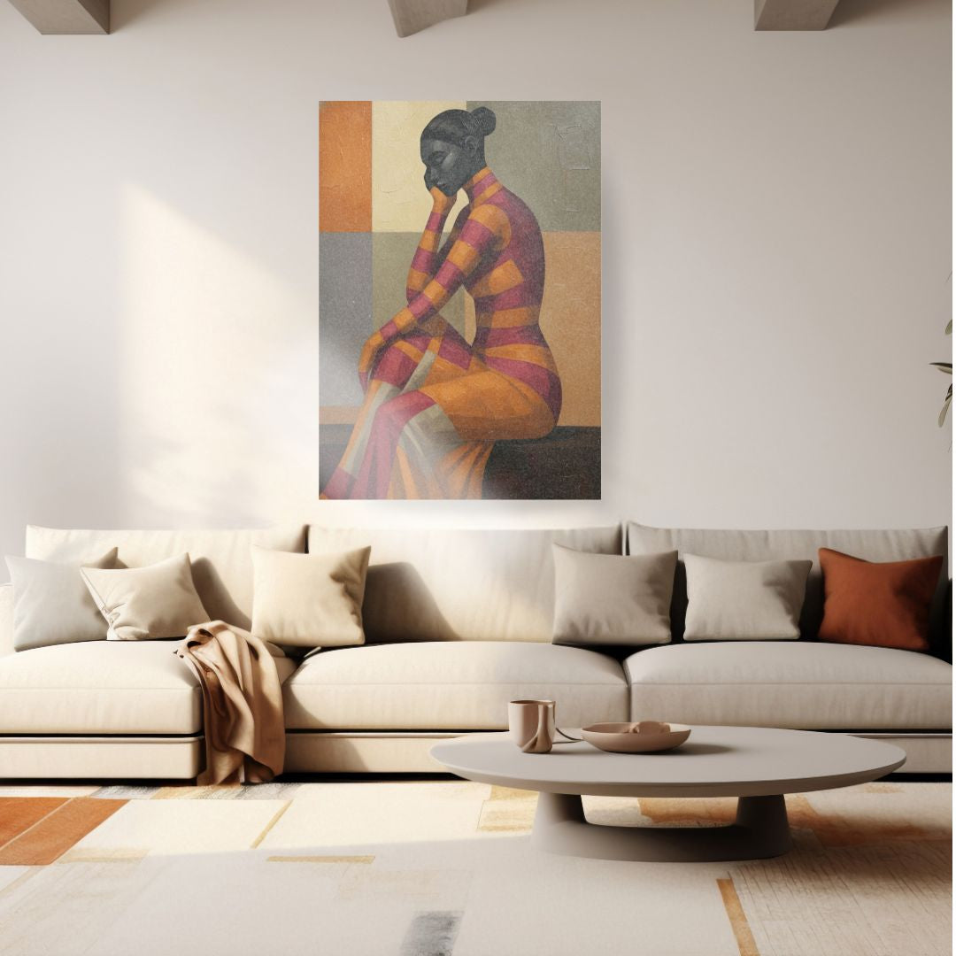 Large vertical unframed Contemporary Figurative Abstract Art canvas titled "Mood," depicting a woman seated in a striped dress of Orange, Yellow, and Red against a geometric color block background. Ideal Statement Piece, Afro-Modern, or Contemplative Living Room Decor.