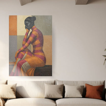Close Up of a Large vertical unframed Contemporary Figurative Abstract Art canvas titled "Mood," depicting a woman seated in a striped dress of Orange, Yellow, and Red against a geometric color block background. Ideal Statement Piece, Afro-Modern, or Contemplative Living Room Decor.