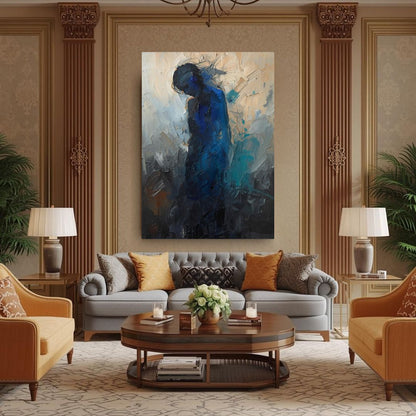 Impasto Like Abstract Expressionist wall art: large indigo/cobalt blue figure against gray/beige. Luxury interior design trend decor. Wall art canvas by wall and more