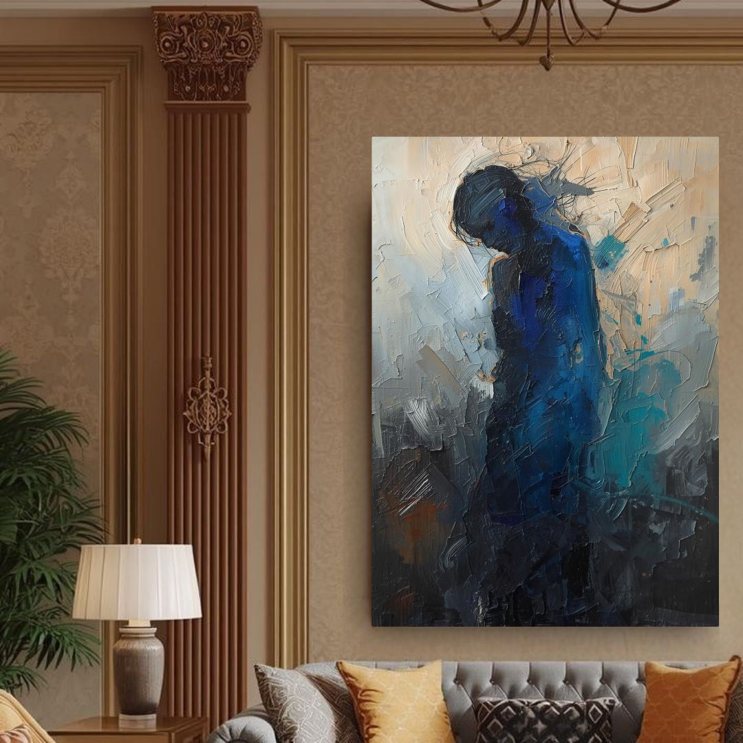 Impasto Like Abstract Expressionist wall art: large indigo/cobalt blue figure against gray/beige. Luxury interior design trend decor. Wall art canvas by wall and more