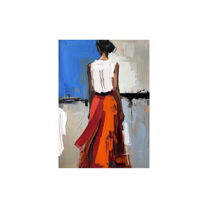 Modern impasto effect wall art of woman in red skirt and white top, back view.