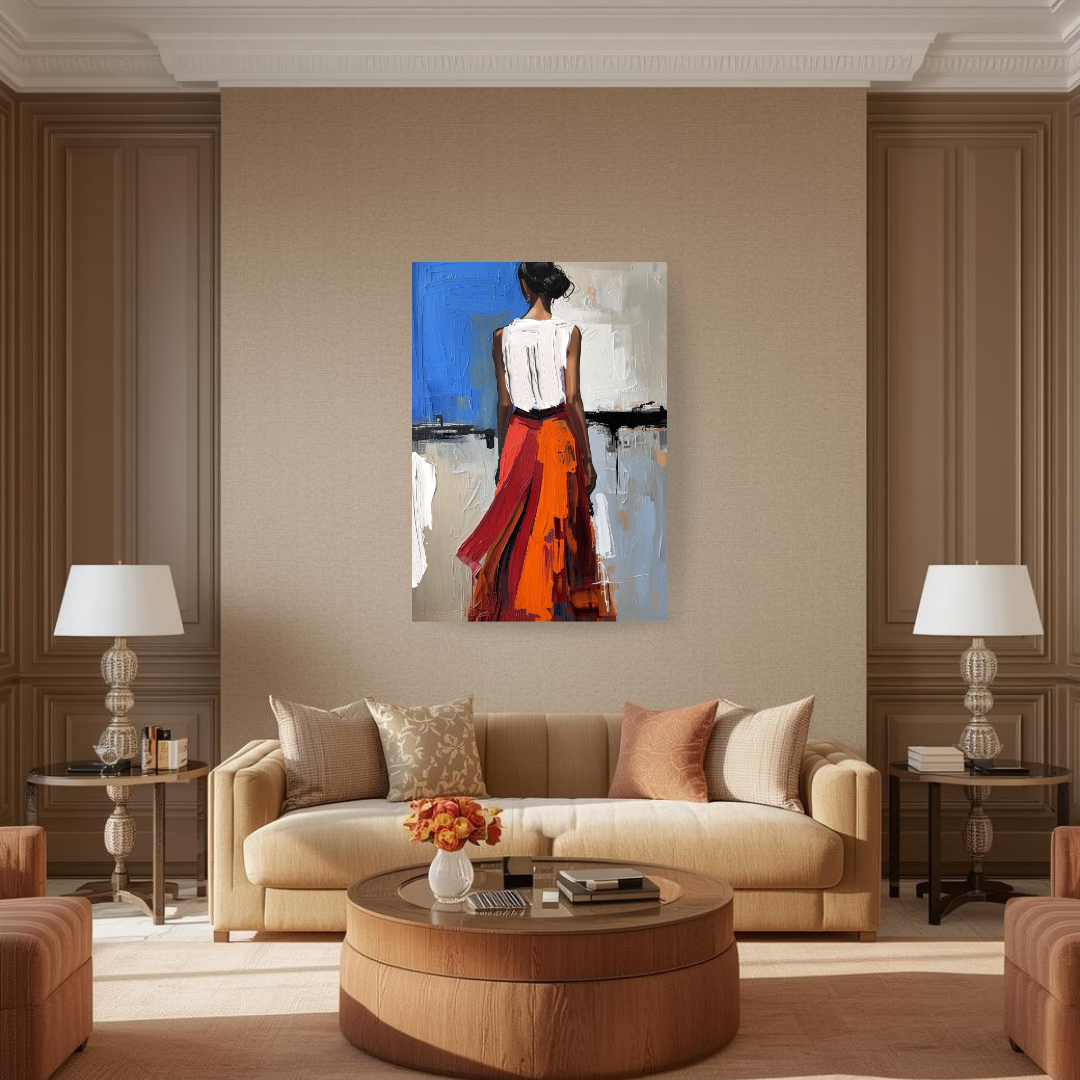 Modern impasto effect wall art of woman in red skirt and white top, back view, hanging in elegant beige living room interior.