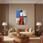 Modern impasto effect wall art of woman in red skirt and white top, back view, hanging in elegant beige living room interior.