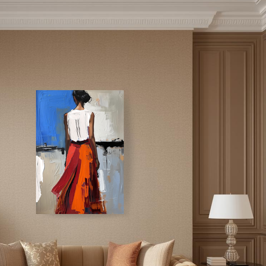 Modern impasto effect wall art of woman in red skirt and white top, back view, hanging in elegant beige living room interior.