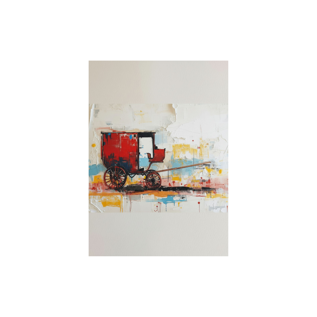 Abstract impasto effect featuring a red carriage.