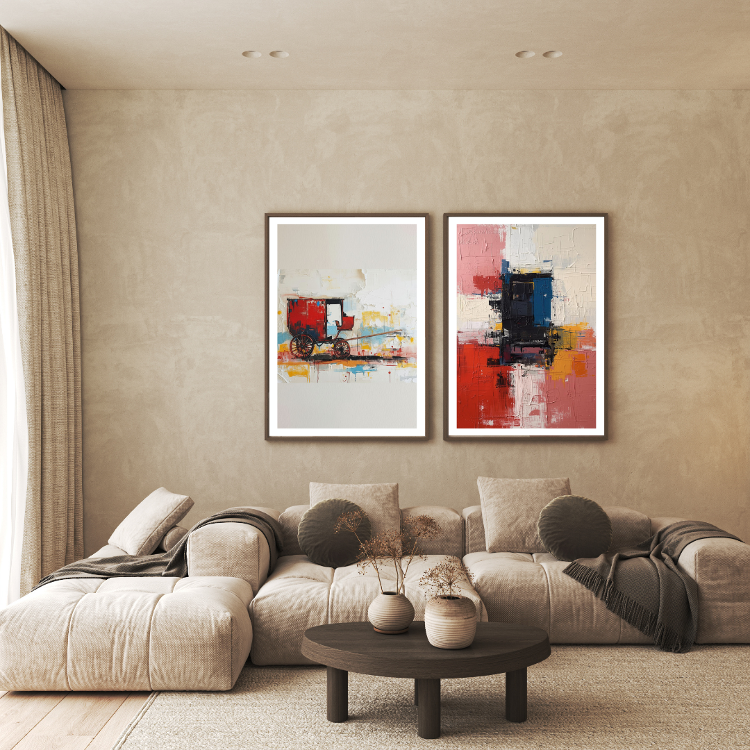 Set of two abstract impasto effect featuring a red carriage and geometric color blocks, displayed in a minimalist modern living room.