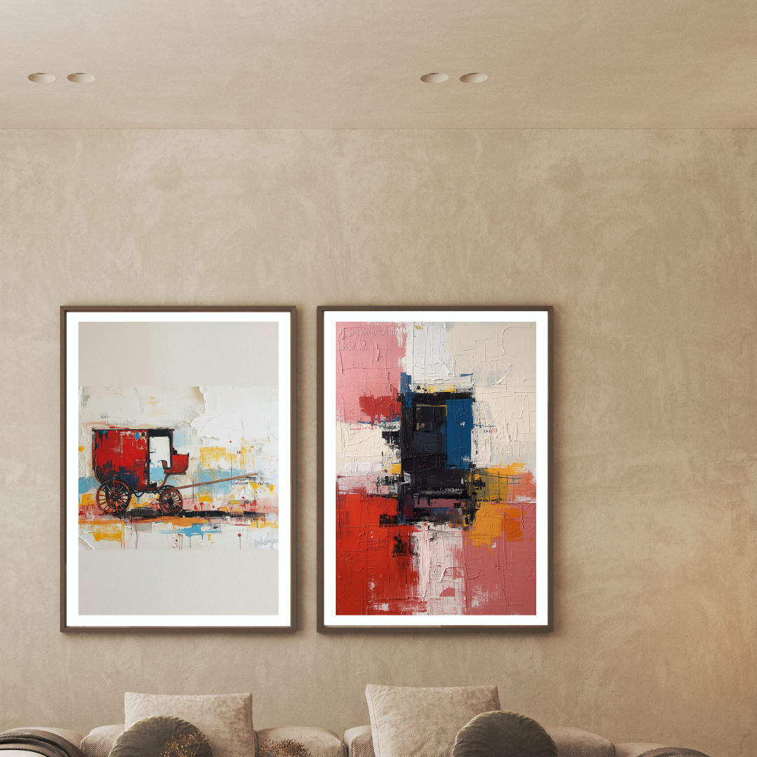 Set of two abstract impasto effect featuring a red carriage and geometric color blocks, displayed in a minimalist modern living room.