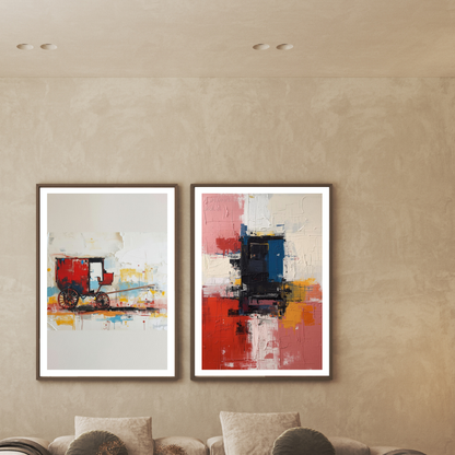 Set of two abstract impasto effect featuring a red carriage and geometric color blocks, displayed in a minimalist modern living room.