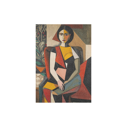 Cubist art of a seated woman featuring geometric shapes in ochre and crimson.
