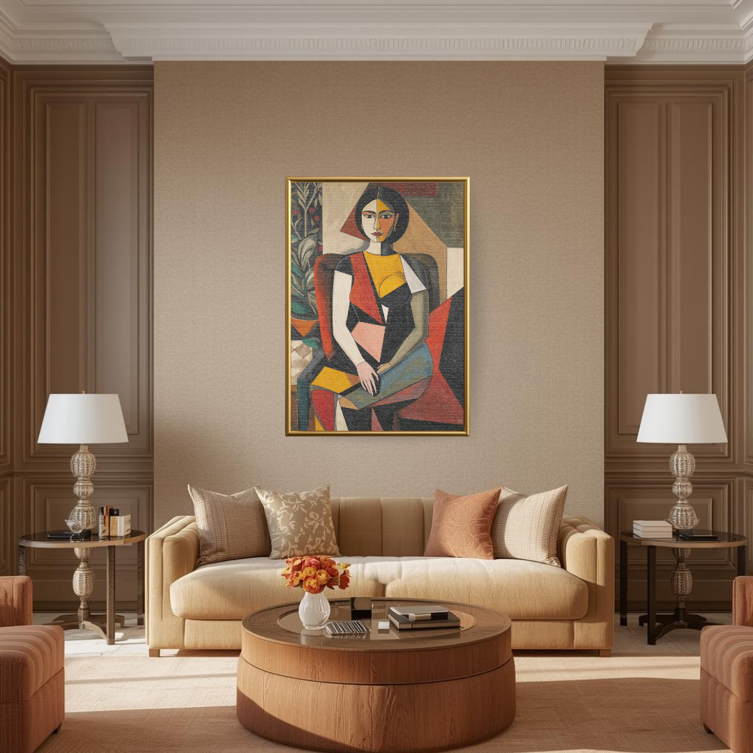 Framed Cubist portrait of a seated woman featuring geometric shapes in ochre and crimson, displayed in a luxury modern living room with beige decor.